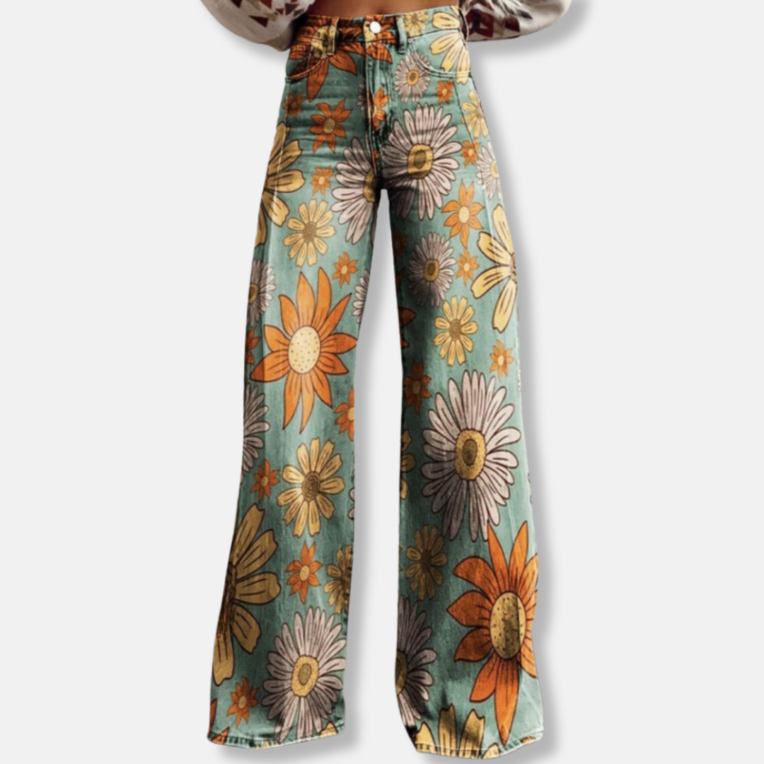 Women’s Wide-Leg Pants – Bold Floral Print – Full Length – Breathable Blend Casual Fit