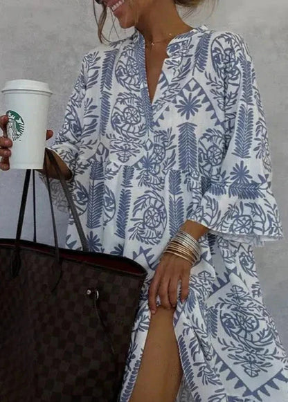 Women’s Mini Dress – Relaxed Fit – Tiered Skirt – V-Neck – 3/4 Sleeve – Breathable Blend