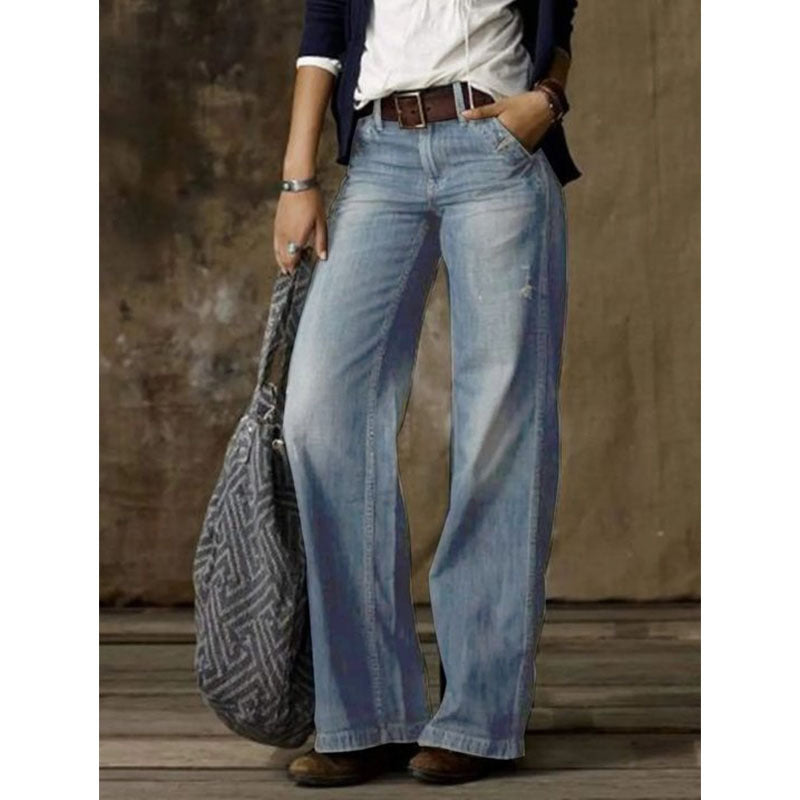 Women’s Wide-Leg Pants – Relaxed Fit – Full Length – Denim Look – Seam Detail
