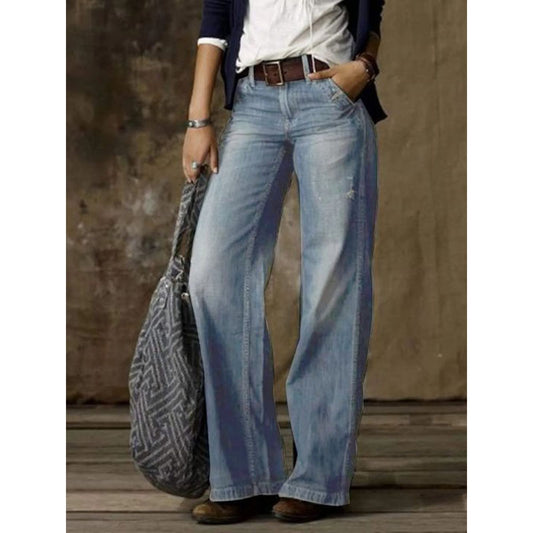 Women’s Wide-Leg Pants – Relaxed Fit – Full Length – Denim Look – Seam Detail