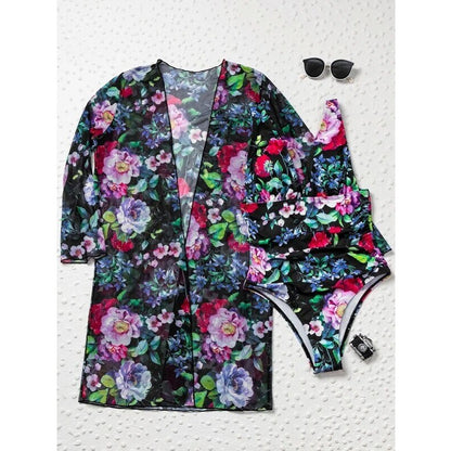 Women’s Three-Piece Swimsuit Set – Deep V-Neck – Floral Print – Sheer Long Sleeve Cover-Up