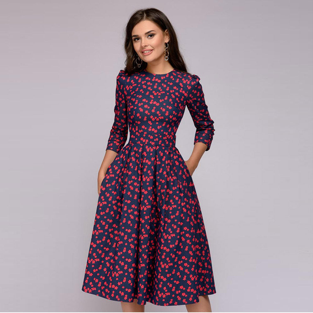 Women’s Midi Dress – Flared A-Line Fit – Floral Print – 3/4 Sleeve – Cotton