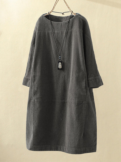 Women’s Corduroy Dress – Relaxed Fit – Midi Length – Round Neck – 3/4 Sleeve Casual