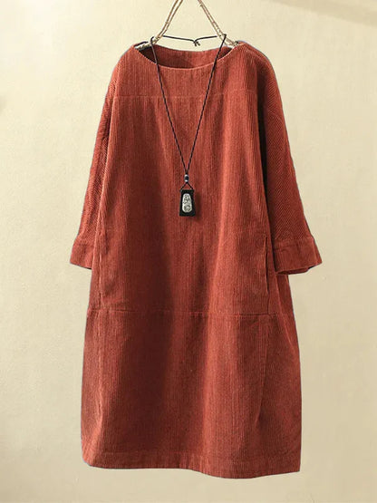 Women’s Corduroy Dress – Relaxed Fit – Midi Length – Round Neck – 3/4 Sleeve Casual