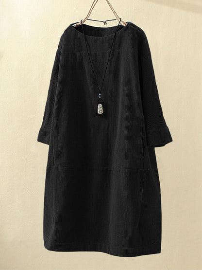 Women’s Corduroy Dress – Relaxed Fit – Midi Length – Round Neck – 3/4 Sleeve Casual