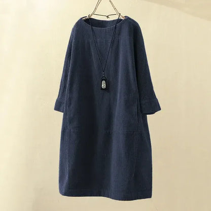 Women’s Corduroy Dress – Relaxed Fit – Midi Length – Round Neck – 3/4 Sleeve Casual
