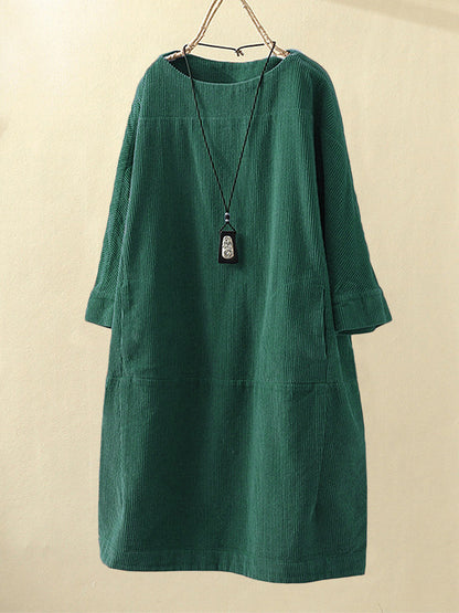 Women’s Corduroy Dress – Relaxed Fit – Midi Length – Round Neck – 3/4 Sleeve Casual