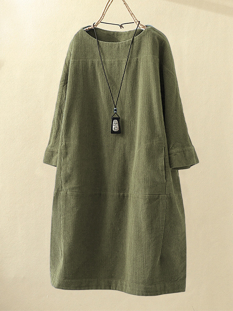 Women’s Corduroy Dress – Relaxed Fit – Midi Length – Round Neck – 3/4 Sleeve Casual