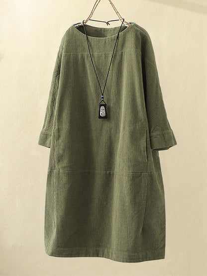 Women’s Corduroy Dress – Relaxed Fit – Midi Length – Round Neck – 3/4 Sleeve Casual