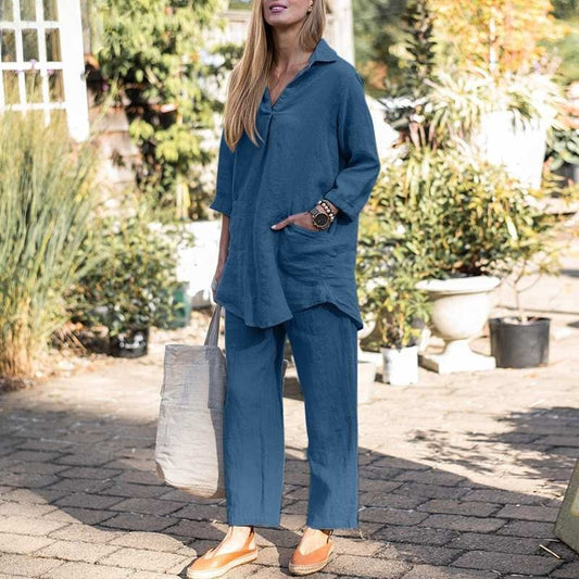 Women’s Matching Set – Relaxed Fit Shirt and Pants – Linen Blend – High Waist Wide Leg
