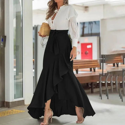 Women’s Full-Length Skirt – High Waist Wrap – Ruffle Hem – Elegant Flared Fit