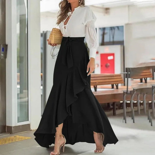 Women’s Full-Length Skirt – High Waist Wrap – Ruffle Hem – Elegant Flared Fit