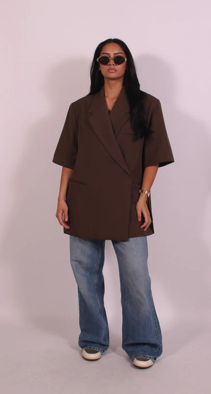 Women’s Blazer – Loose Fit – Lapel Collar – Half Sleeve – Cotton – Button Front