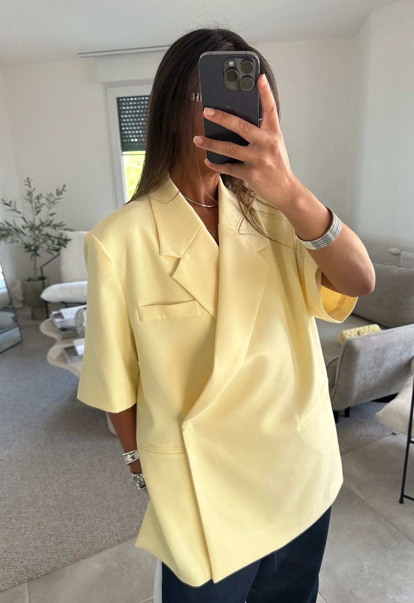 Women’s Blazer – Loose Fit – Lapel Collar – Half Sleeve – Cotton – Button Front