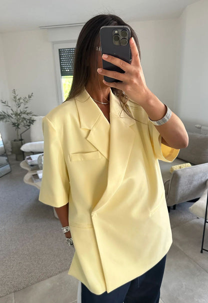 Women’s Blazer – Loose Fit – Lapel Collar – Half Sleeve – Cotton – Button Front