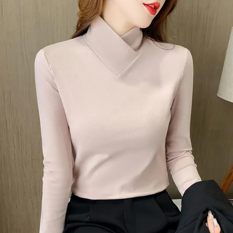 Women’s Long Sleeve Top – Slim Fit – Stretch Jersey – Asymmetric Mock – Turtleneck