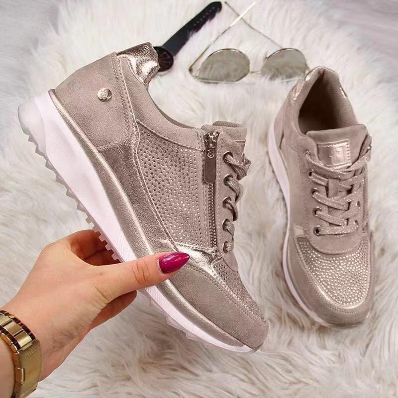 Women’s Casual Sneakers – Low Top – Wedge Sole – Lace-Up with Side Zipper – Breathable