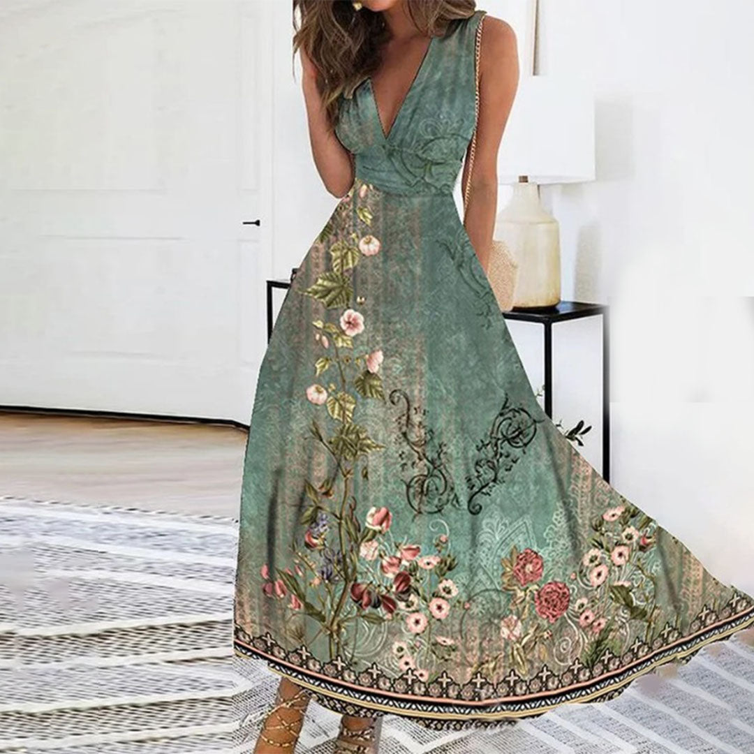 Women’s Maxi Dress – Floral Print – Deep V-Neck – Sleeveless – Relaxed Fit – Breathable Blend