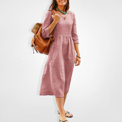 Women's Midi Dress - Lightweight Breathable Fabric - V-Neck - Three-Quarter Sleeves - Relaxed Fit