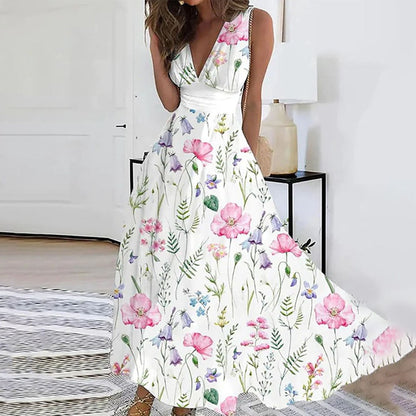 Women’s Maxi Dress – Floral Print – Deep V-Neck – Sleeveless – Relaxed Fit – Breathable Blend