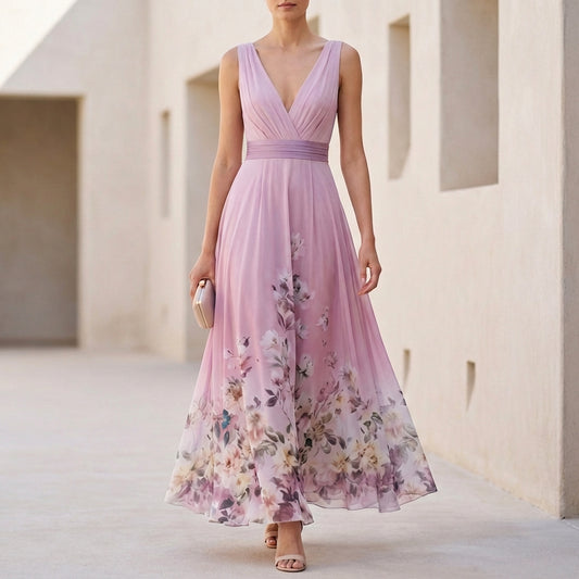 Amelia A-Line Maxi Dress | Floral V-Neck Sleeveless Dress