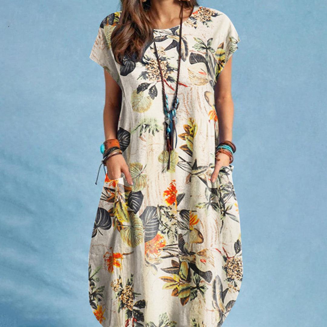 Women's Floral Dress - Loose Fit - Short Sleeve - Round Neck - Casual Boho Style