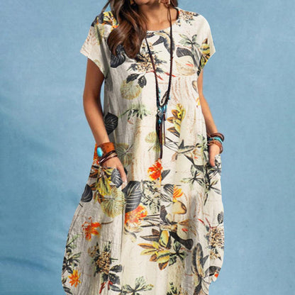 Women's Floral Dress - Loose Fit - Short Sleeve - Round Neck - Casual Boho Style