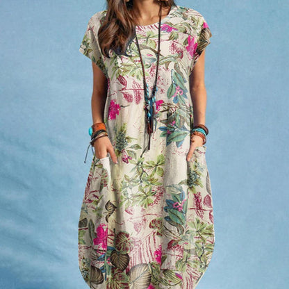 Women's Floral Dress - Loose Fit - Short Sleeve - Round Neck - Casual Boho Style