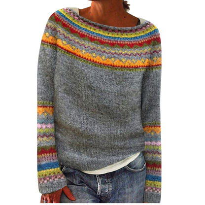 Amelia Relaxed Fit Sweater | Boat Neck Fair Isle Hip-Length Sweater