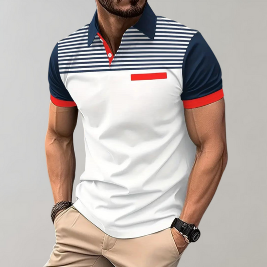 Men’s Polo Shirt – Slim Fit – Breathable Blend – Striped Chest – Contrast Details