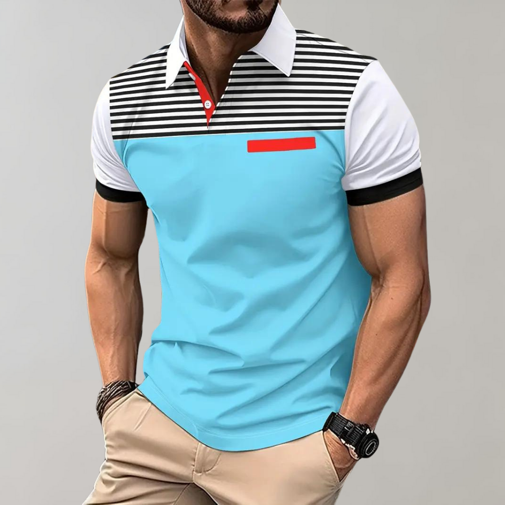 Men’s Polo Shirt – Slim Fit – Breathable Blend – Striped Chest – Contrast Details