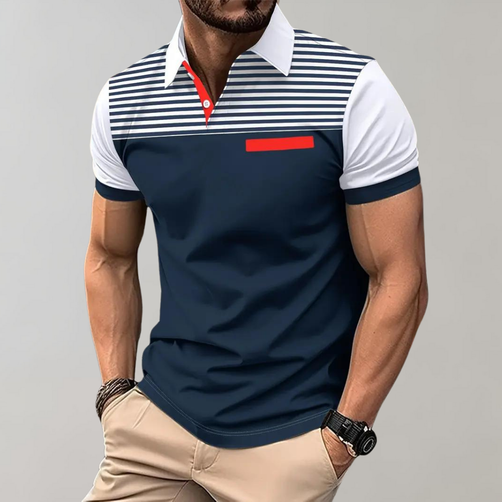 Men’s Polo Shirt – Slim Fit – Breathable Blend – Striped Chest – Contrast Details