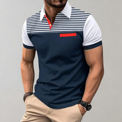 Men’s Polo Shirt – Slim Fit – Breathable Blend – Striped Chest – Contrast Details