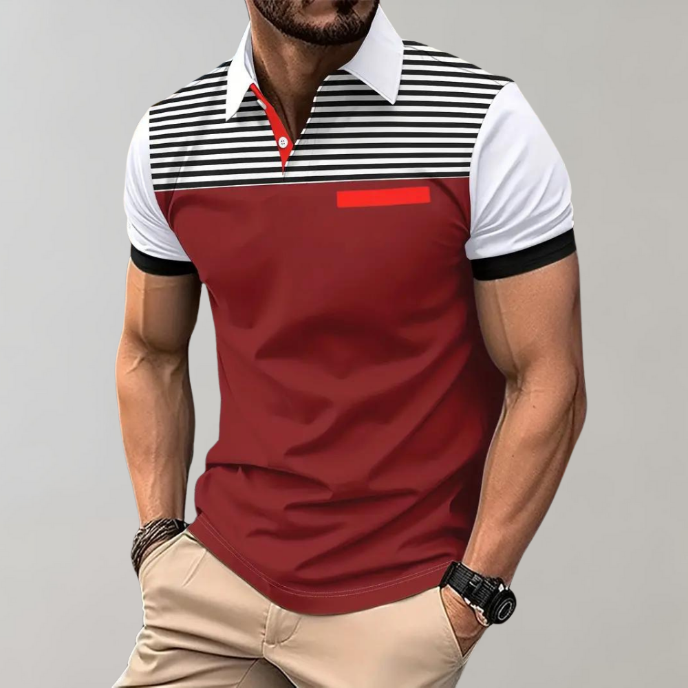 Men’s Polo Shirt – Slim Fit – Breathable Blend – Striped Chest – Contrast Details