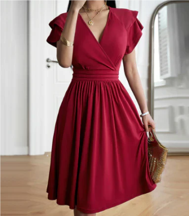 Women’s Midi Dress – Wrap Bodice – Flutter Sleeves – A-Line Fit – Soft Knit Fabric