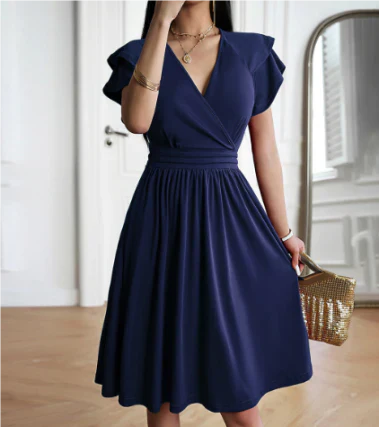 Women’s Midi Dress – Wrap Bodice – Flutter Sleeves – A-Line Fit – Soft Knit Fabric