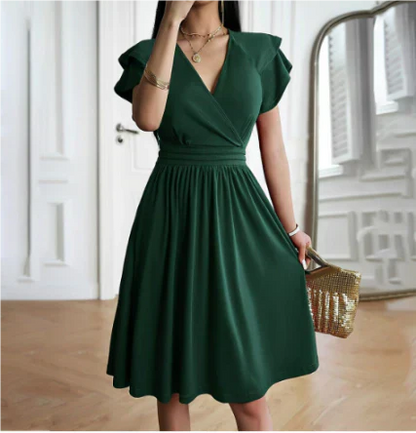 Women’s Midi Dress – Wrap Bodice – Flutter Sleeves – A-Line Fit – Soft Knit Fabric