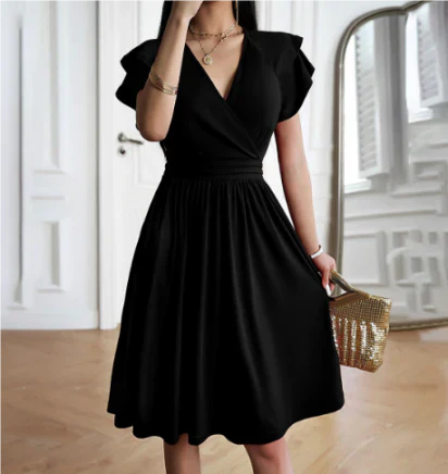 Women’s Midi Dress – Wrap Bodice – Flutter Sleeves – A-Line Fit – Soft Knit Fabric