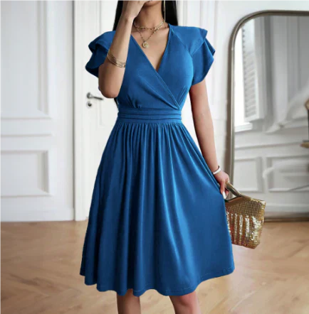 Women’s Midi Dress – Wrap Bodice – Flutter Sleeves – A-Line Fit – Soft Knit Fabric
