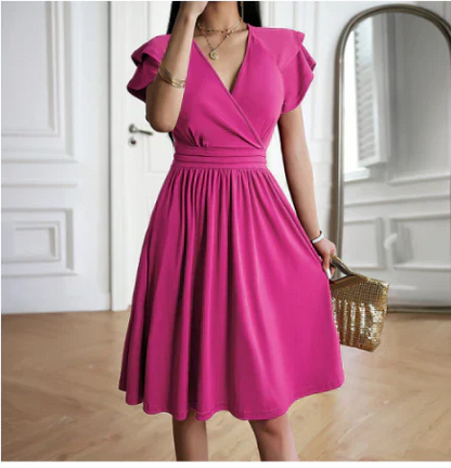 Women’s Midi Dress – Wrap Bodice – Flutter Sleeves – A-Line Fit – Soft Knit Fabric