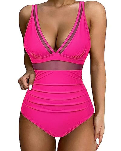 Women’s Swimsuit – Plunging Neckline – Mesh Panels – High-Cut Leg – Breathable Blend