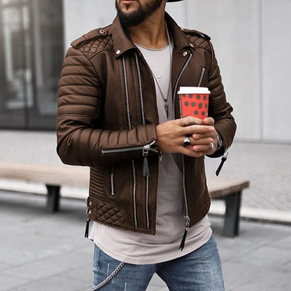 Men’s Jacket – Faux Leather – Slim Fit – Quilted Panels – Zipper Detail