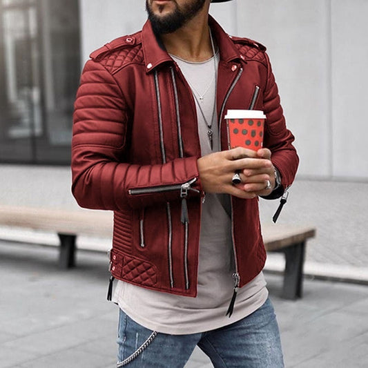 Men’s Jacket – Faux Leather – Slim Fit – Quilted Panels – Zipper Detail