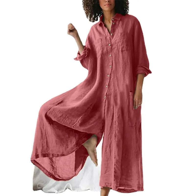 Women’s Jumpsuit – Oversized Fit – Breathable Fabric – Full Length – Button Down – Pockets