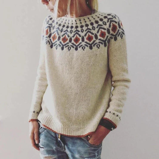 Women’s Pullover Sweater – Relaxed Fit – Wool Knit – Fair Isle Yoke – Ribbed Trim