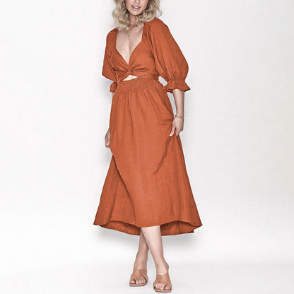 Women's Midi Dress - Square Neck - Puff Sleeves - Smocked Back - Flowy Lightweight Fabric