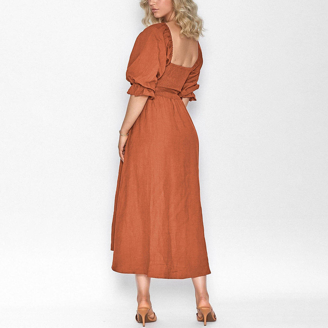 Women's Midi Dress - Square Neck - Puff Sleeves - Smocked Back - Flowy Lightweight Fabric