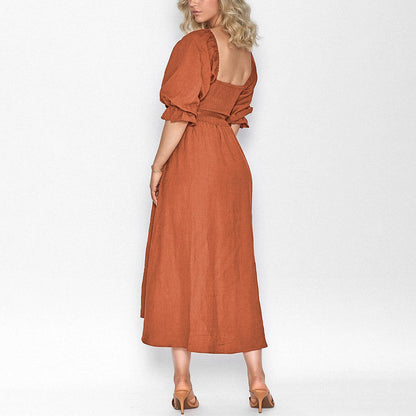 Women's Midi Dress - Square Neck - Puff Sleeves - Smocked Back - Flowy Lightweight Fabric