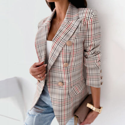 Women’s Blazer – Tailored Fit – Wool Blend – Double-Breasted Plaid – Structured Design