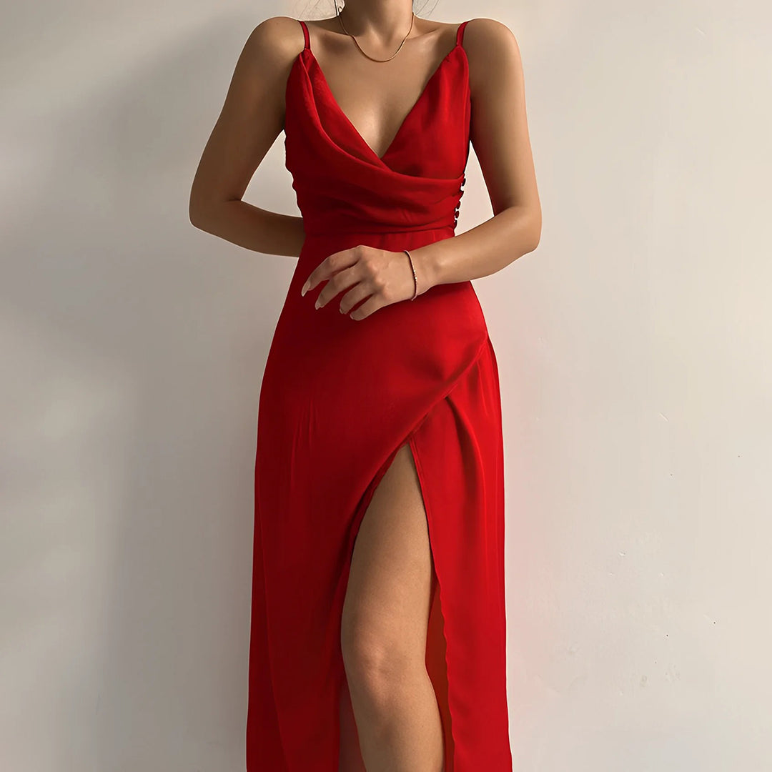 Women’s Dress – Satin Fabric – Slim Fit – Plunging Neckline – Floor Length – Slit Detail